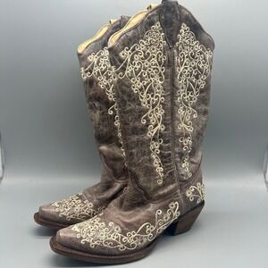 Corral Vintage Brown Distressed Leather Floral Embroidered Cowgirl Boots Size 6M